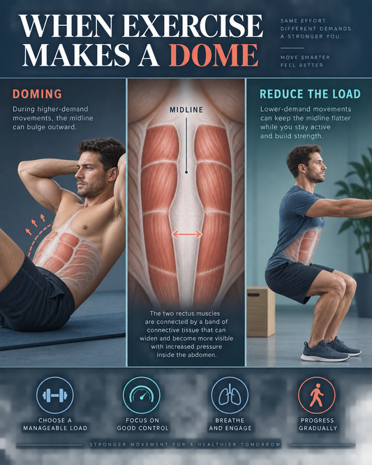 Men’s infographic showing belly doming, the abdominal midline, and a lower-demand exercise