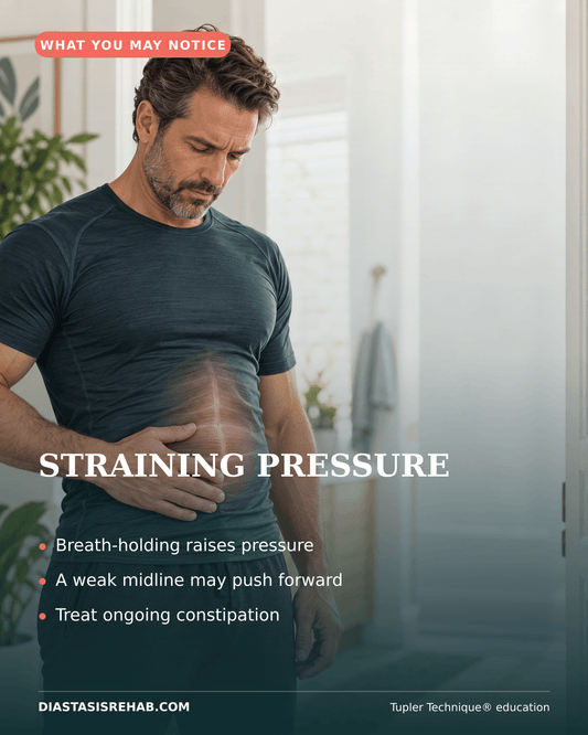 Photorealistic infographic illustrating abdominal pressure and bulging in a man with constipation.