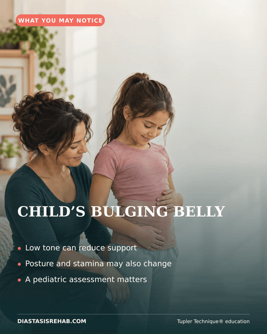 Photorealistic infographic illustrating a child's bulging belly and low muscle tone.