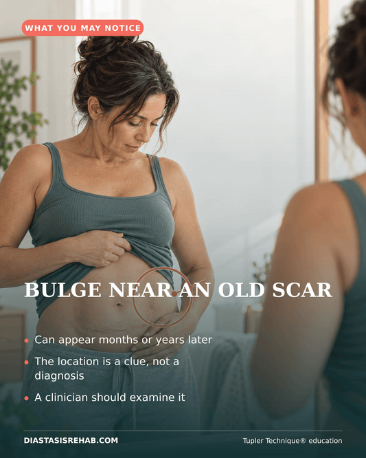 Photorealistic infographic illustrating a bulge near an old abdominal incision.