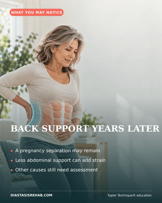 Photorealistic infographic illustrating core and back support in a woman over 50.