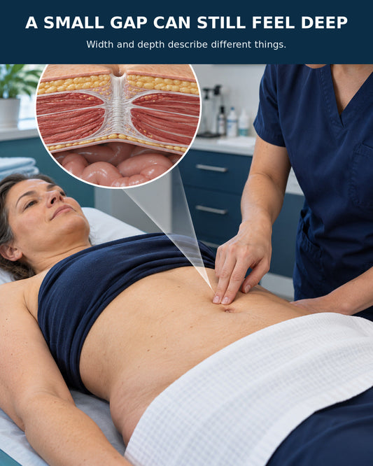 A clinician assesses a woman’s abdominal midline to compare a small gap with how deeply the tissue yields.