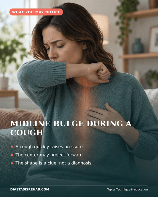 Photorealistic infographic showing woman noticing a center-line abdominal bulge while coughing.