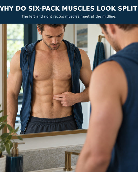 A man with visible six-pack muscles looks at the separation along the center of his abdomen.