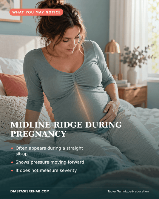 Photorealistic infographic showing pregnant woman noticing a center-line ridge while sitting up.