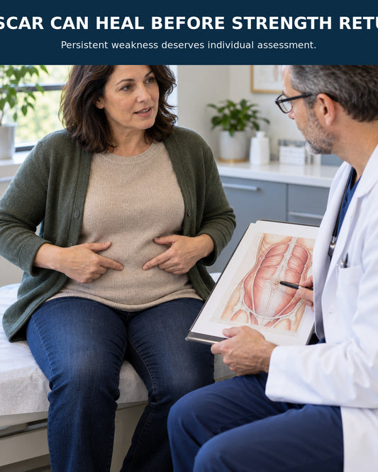 A woman discusses lingering core weakness after abdominal surgery with a healthcare professional.