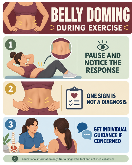 Infographic: belly doming during exercise—pause, notice the response, and seek guidance if concerned.