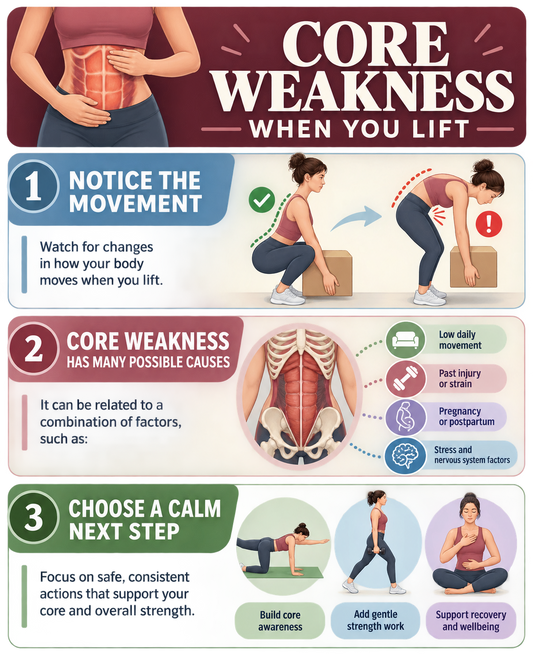 Infographic: core weakness when lifting—notice movement patterns and choose a calm next step.