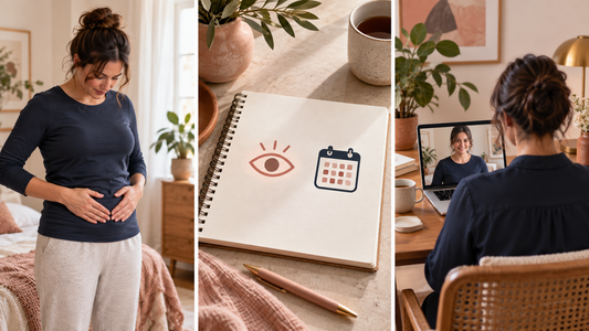 Educational three-panel visual: a woman observes a persistent lower-belly bulge, documents changes, and joins a virtual Diastasis Coach session.