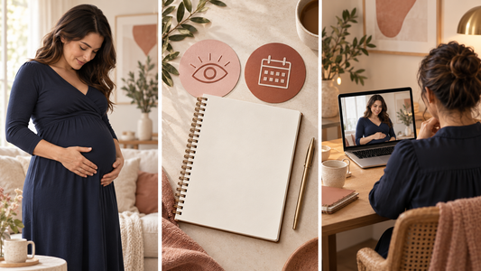 Educational three-panel visual: a pregnant woman observes an outie belly button, documents changes, and joins a virtual Diastasis Coach session.