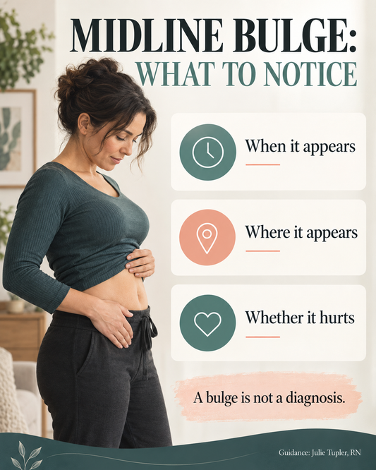 Woman noticing a midline abdominal bulge, with prompts to record when and where it appears and whether it hurts.