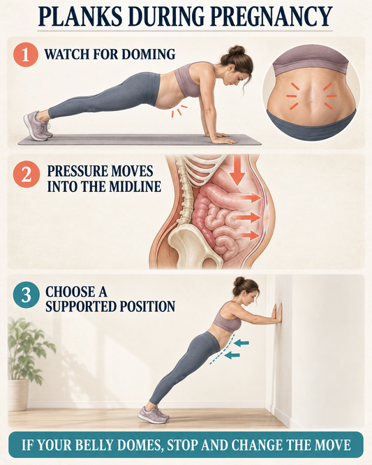 Pregnancy plank infographic showing belly doming, abdominal pressure, and a supported wall position