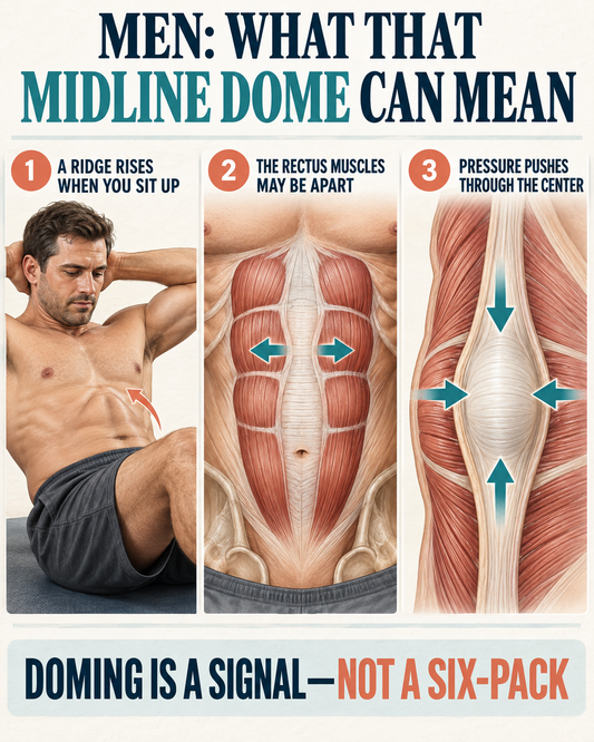 Men’s health infographic explaining a midline belly dome and separated rectus muscles