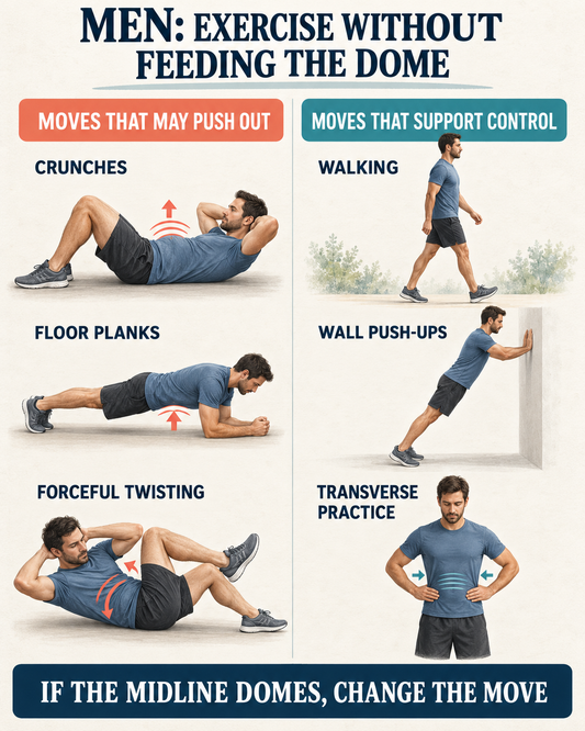 Men’s exercise guide comparing movements that may worsen doming with movements that support control